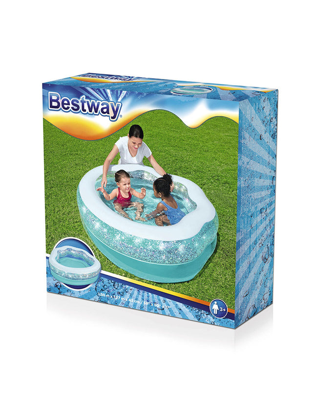 Bestway inflatable children's pool in shiny blue with dimensions 150x125x43 cm, suitable for outdoor garden play for kids over 3 years.