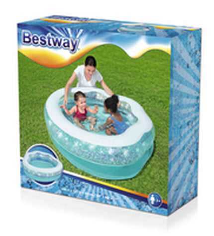 Bestway inflatable kids' pool in shiny blue with 150x125x43 cm size, suitable for children over 3 years, for outdoor play.