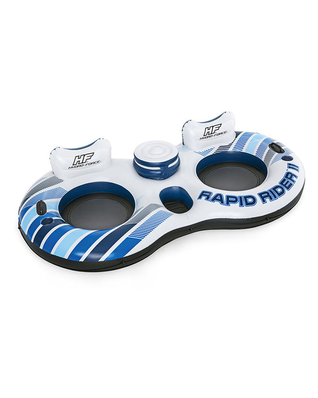 Bestway Rapid Rider double inflatable wheel with hand grips, 251x132 cm for beach and pool play, suitable for outdoor water activities.