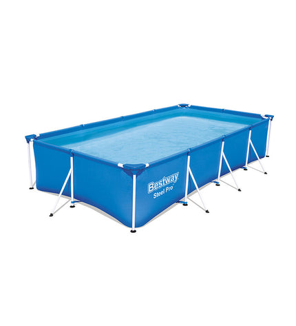 Bestway hard-sided garden swimming pool 400x211x81 cm with a sturdy frame, set up outdoors in a backyard.