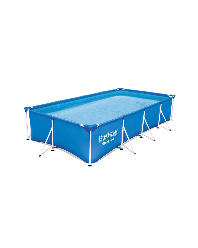 Bestway hard-sided garden swimming pool 400x211x81 cm with a sturdy frame, set up outdoors in a backyard.