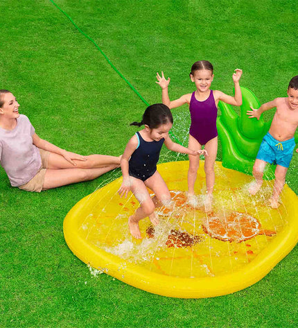 Bestway inflatable pineapple-shaped mattress for outdoor play, 196x165 cm, ideal for garden relaxation and water fun.