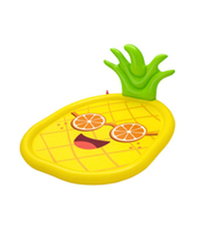 Bestway inflatable pineapple-shaped mattress, 196x165 cm, for outdoor play and relaxation, with kids enjoying in a garden setting.