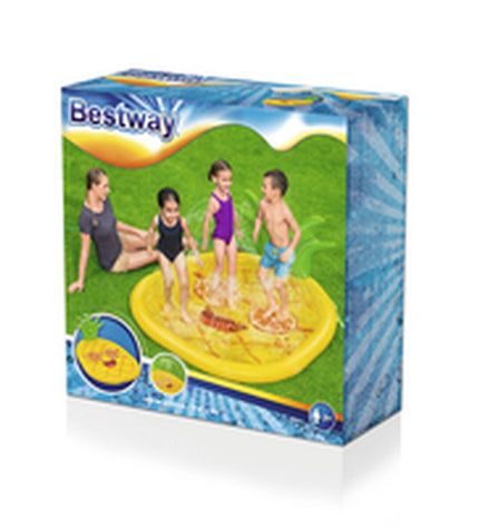 Bestway inflatable pineapple mattress for outdoor play, 196x165 cm, with kids playing outdoors in the garden.