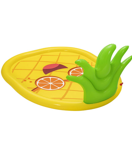 Bestway inflatable pineapple mat with spray feature, 196x165 cm, suitable for outdoor play and pool fun, ideal for kids.