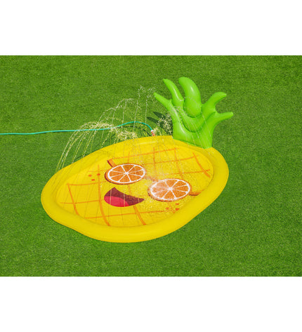 Bestway inflatable pineapple-shaped mattress for outdoor play, 196x165 cm, suitable for kids' garden fun and lounging.
