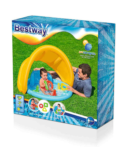 Bestway inflatable children's pool with removable canopy, 115x89x76 cm, suitable for outdoor play and garden fun.