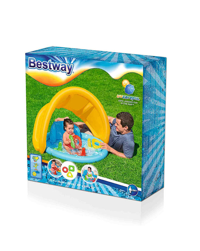 Bestway inflatable children's pool with removable canopy, 115x89x76 cm, suitable for outdoor play and garden fun.
