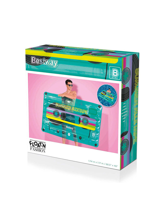 Bestway retro cassette air mattress, 174x117 cm, suitable for beach or pool use, colorful design, outdoor toy and pool accessory.