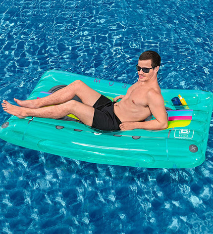 Bestway retro cassette air mattress, 174x117 cm, ideal for beach and pool use, lightweight inflatable outdoor toy.