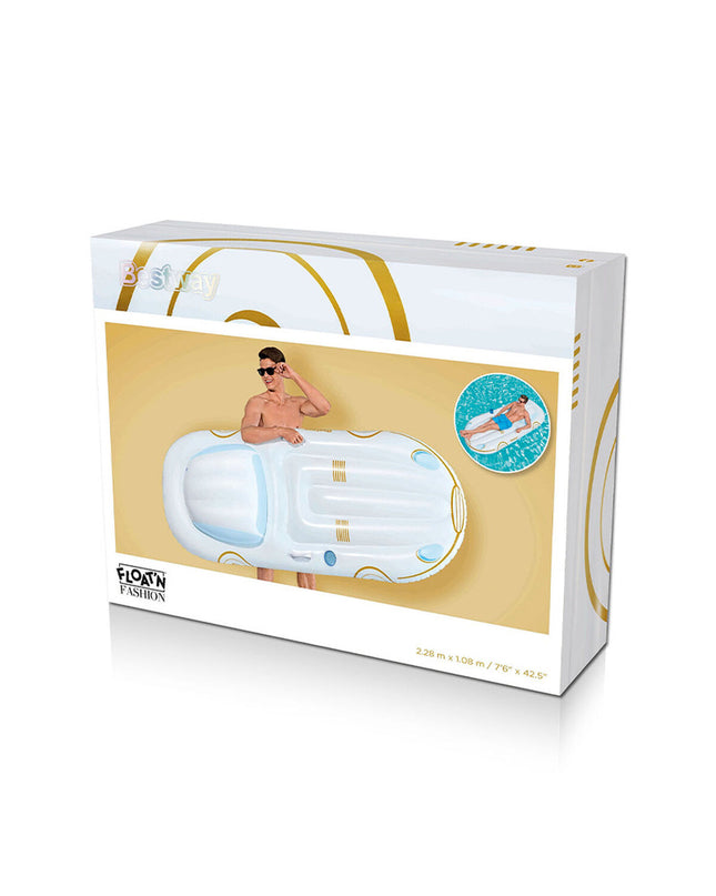 Bestway inflatable cruise mattress with backrest and handles, 228x108 cm, suitable for beach and pool activities, in blue.