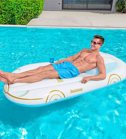 Bestway inflatable cruise mattress with backrest and handles, 228x108 cm, suitable for beach and pool use.