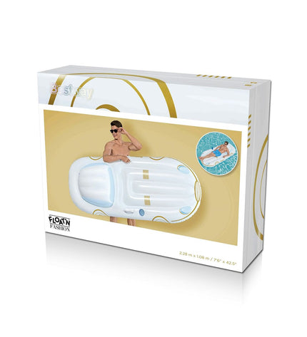 Bestway inflatable cruise mattress with backrest and handles, 228x108 cm, suitable for beach and pool use, featuring bright blue design.