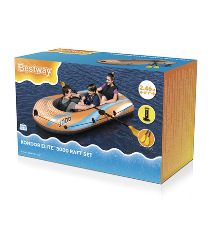 Bestway Kondor Elite 3000 boat set for watersport, featuring a 246x122x45 cm inflatable boat in blue with safety valves and durable material.