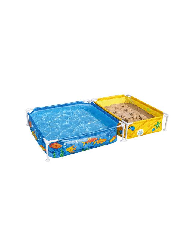 Bestway rigid kiddie pool with sandbox, 213x122x30.5 cm, outdoor toy for children, suitable for garden play and fun activities.