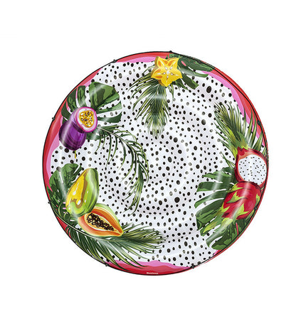 Bestway inflatable floating island with colorful passionfruit design, including rope, perfect for beach and pool fun, 188cm diameter.