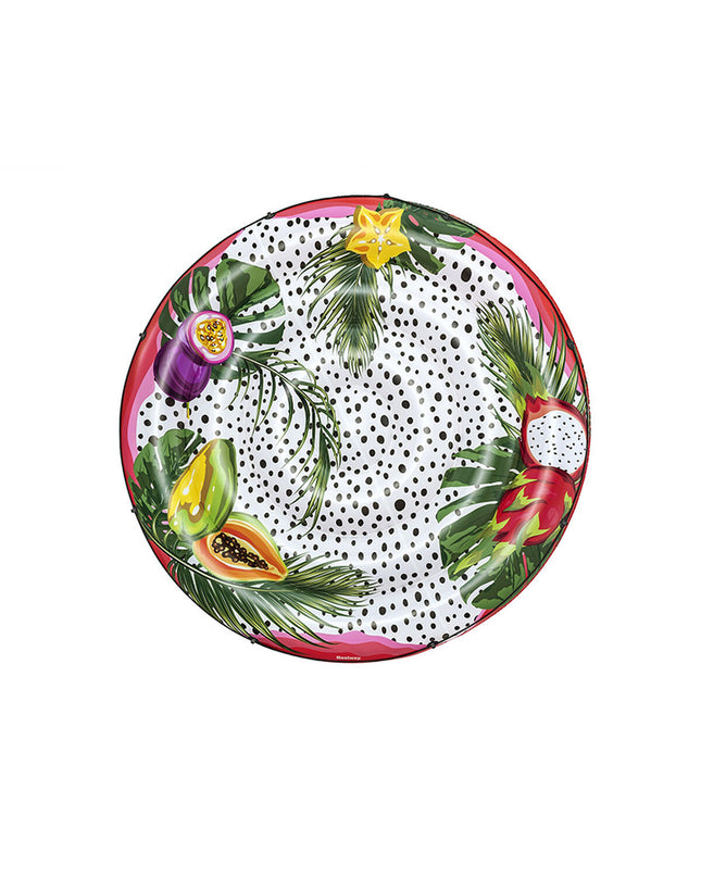Bestway inflatable floating island with colorful passionfruit design, including rope, perfect for beach and pool fun, 188cm diameter.