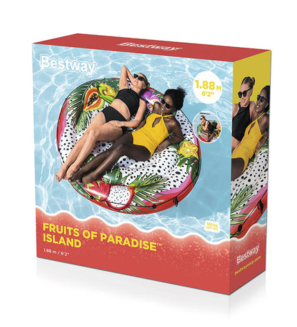 Bestway inflatable floating island with rope, passion fruit design, 188cm, suitable for pool and beach fun, outdoor toy and game.