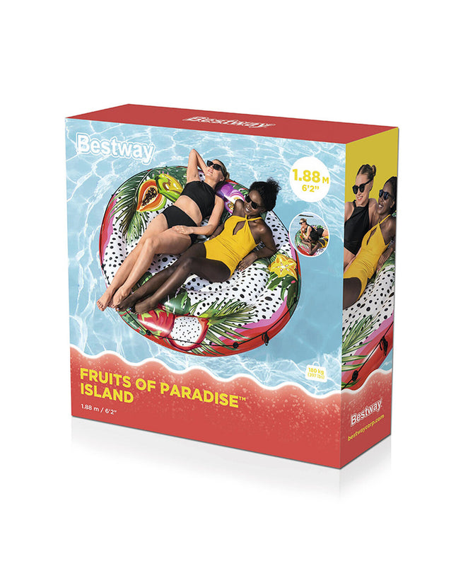 Bestway inflatable floating island with rope, passion fruit design, 188cm, suitable for pool and beach fun, outdoor toy and game.