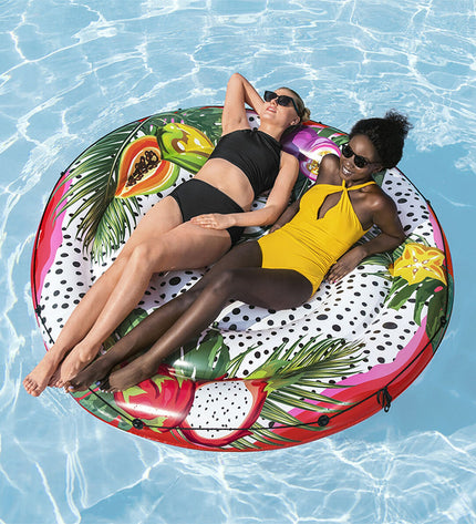 Bestway inflatable floating island with rope in passion fruit design, 188cm, suitable for pool and beach play.
