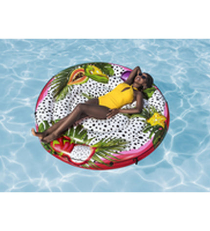 Bestway inflatable floating island with colorful passion fruit design, D188cm for pool and beach fun, with attached rope for stability