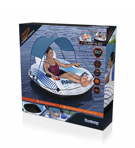 Bestway Rapid Rider inflatable beach wheel with handles and parasol, 137 cm, for pool and outdoor fun.
