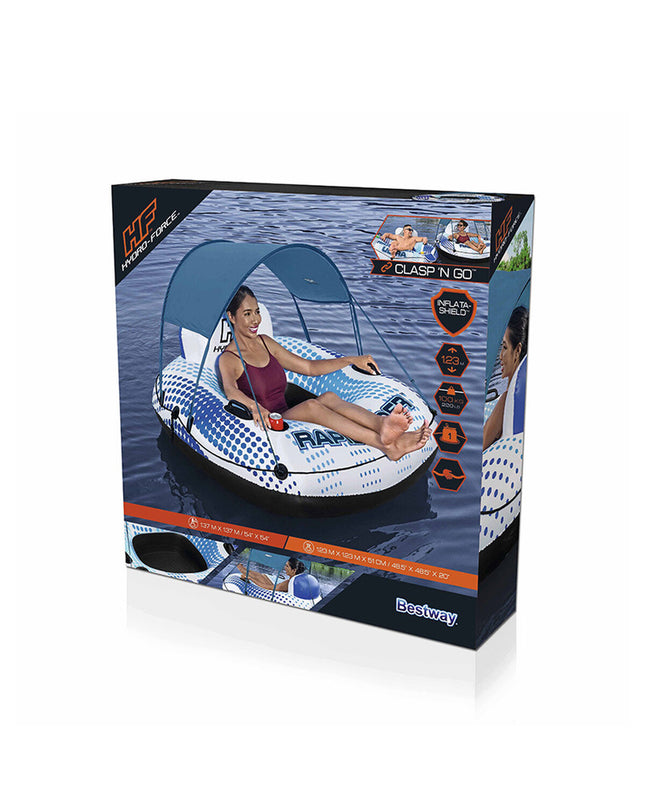 Bestway Rapid Rider inflatable beach wheel with handles and parasol, 137 cm, for pool and outdoor fun.