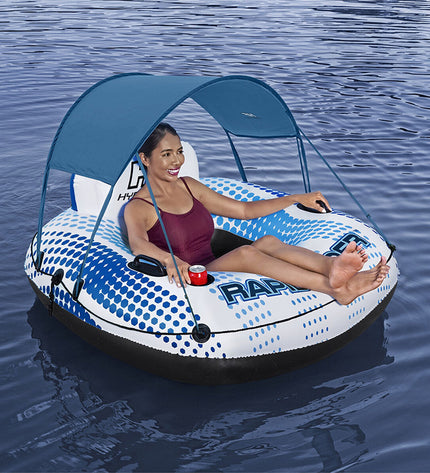 Bestway Rapid Rider inflatable wheel with handles and parasol, 137 cm, for beach and pool play, suitable for outdoor fun.
