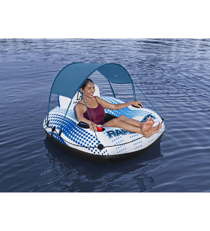 Bestway Rapid Rider inflatable wheel with handles, parasol, 137cm, for beach and pool play, in bright blue and white colors.