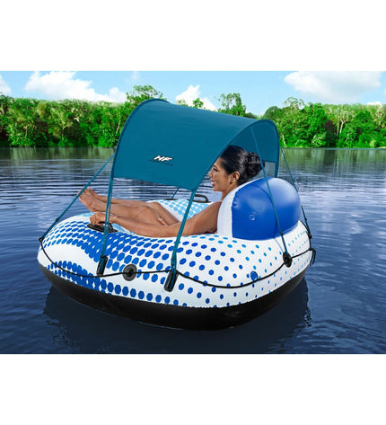 Bestway Rapid Rider inflatable wheel with handles and parasol, designed for beach and pool fun, 137 cm diameter.