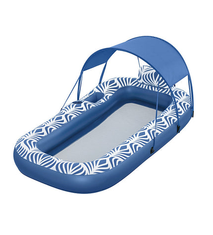 Bestway Comfort Plush air mattress with sunshade, 198x112 cm, ideal for beach and pool use, featuring a soft, durable surface.