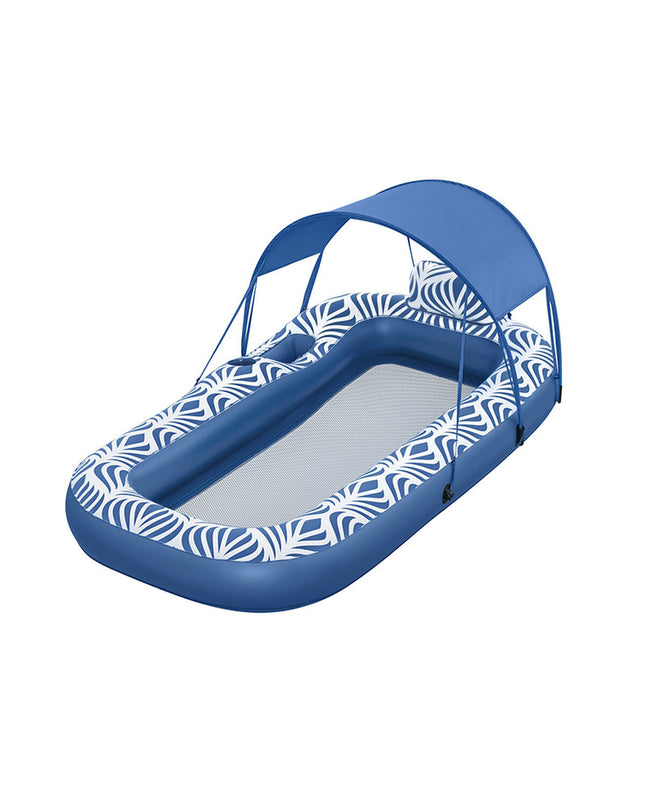 Bestway Comfort Plush air mattress with sunshade, 198x112 cm, ideal for beach and pool use, featuring a soft, durable surface.