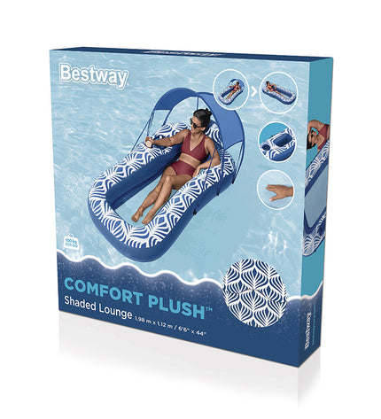Bestway Comfort Plush inflatable air bed with sunshade, 198x112 cm, suitable for beach and pool use, in a vibrant outdoor setting.