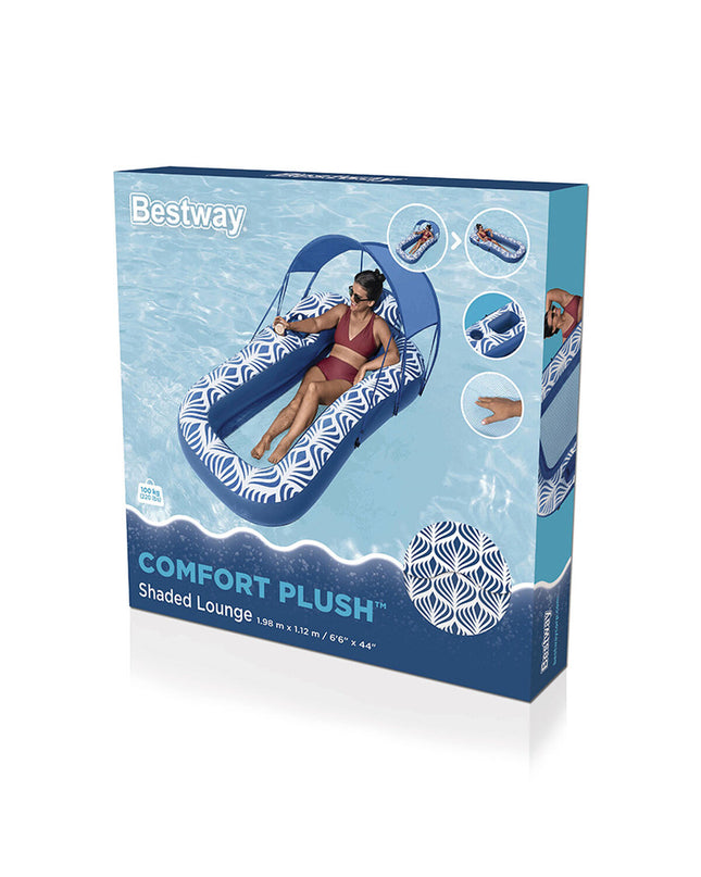 Bestway Comfort Plush inflatable air bed with sunshade, 198x112 cm, suitable for beach and pool use, in a vibrant outdoor setting.