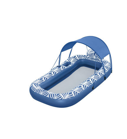 Bestway comfort plush air mattress with sunshade, 198x112 cm, suitable for beach and pool use, in blue with built-in sun canopy