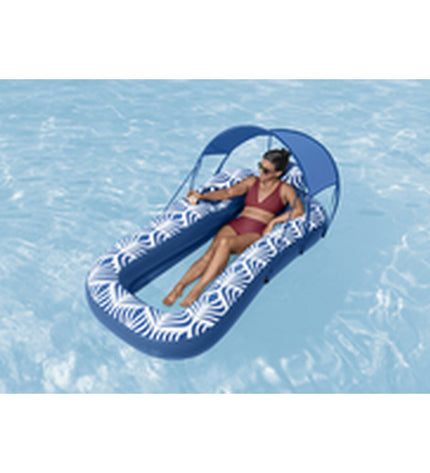 Bestway comfort plush air mattress with sunshade, 198x112 cm, suitable for beach and pool use, featuring a built-in sun canopy.