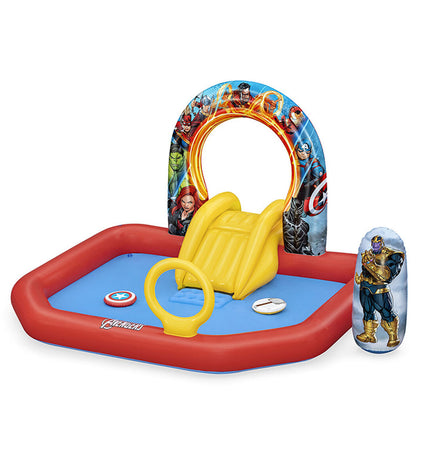 Bestway Avengers inflatable pool with playground features, 211x198x125 cm, suitable for outdoor play and summer fun.