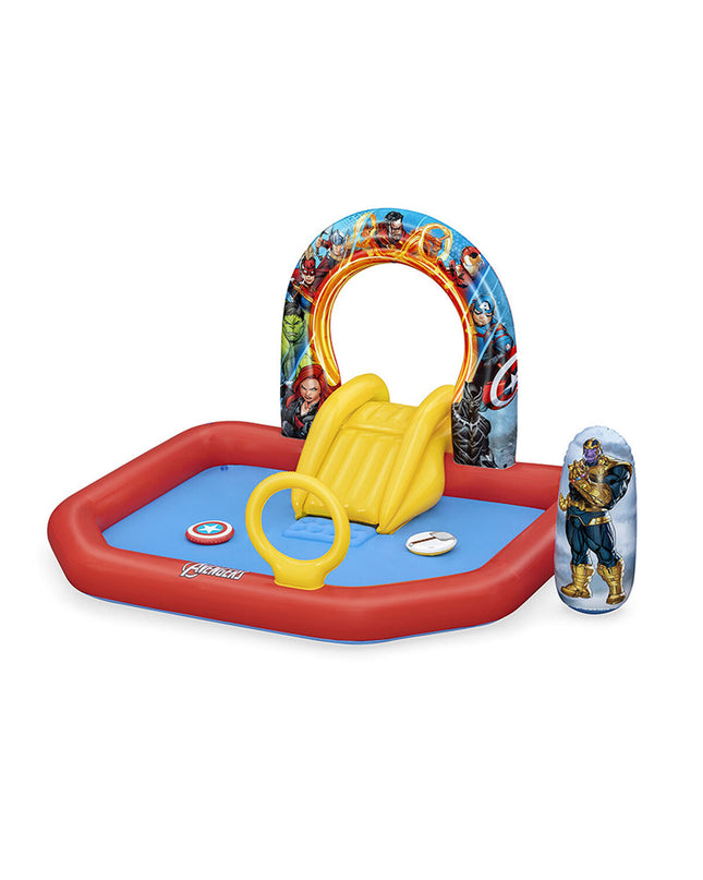 Bestway Avengers inflatable pool with playground features, 211x198x125 cm, suitable for outdoor play and summer fun.