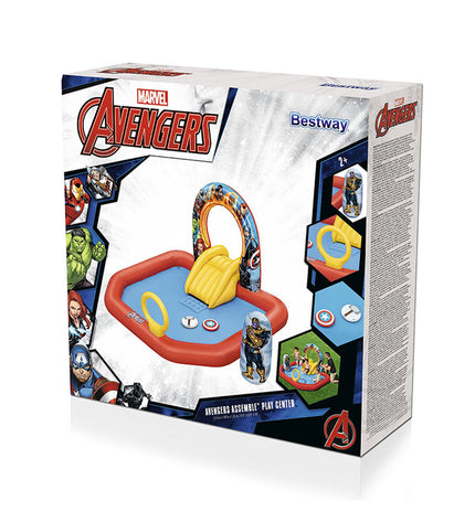Bestway Avengers inflatable kiddie pool with play area, 211x198x125 cm, outdoor toy for children in garden.