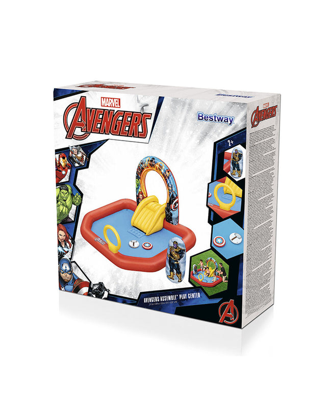 Bestway Avengers inflatable kiddie pool with play area, 211x198x125 cm, outdoor toy for children in garden.