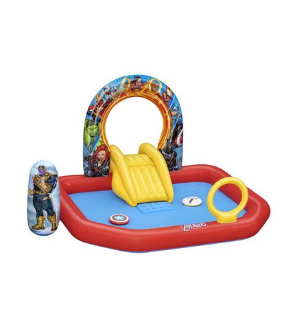 Bestway Avengers inflatable swimming pool with playground features, 211x198x125 cm, suitable for outdoor play and fun.
