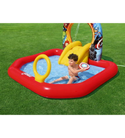 Bestway Avengers inflatable pool with play area, 211x198x125 cm, outdoor toy for kids, featuring superhero-themed design.