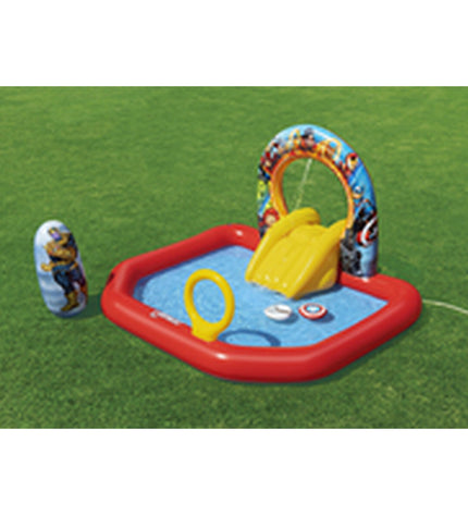 Bestway Avengers inflatable pool with playground features, 211x198x125 cm, suitable for outdoor play and fun for kids.