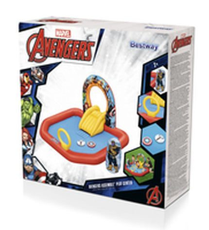 Bestway inflatable Avengers swimming pool with play area, measures 211x198x125 cm, suitable for outdoor fun and backyard play.