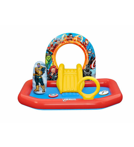 Bestway Avengers inflatable pool with play area, 211x198x125 cm, outdoor toy for kids, featuring Avengers-themed design.