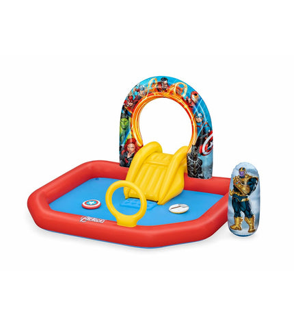 Bestway Avengers inflatable pool with play area, measuring 211x198x125 cm, suitable for outdoor fun in the garden.