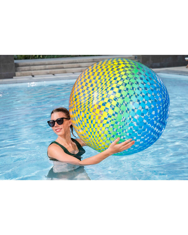 Inflatable Bestway mattress suitable for outdoor use, shown inflated and ready for use in a playful, outdoor setting.