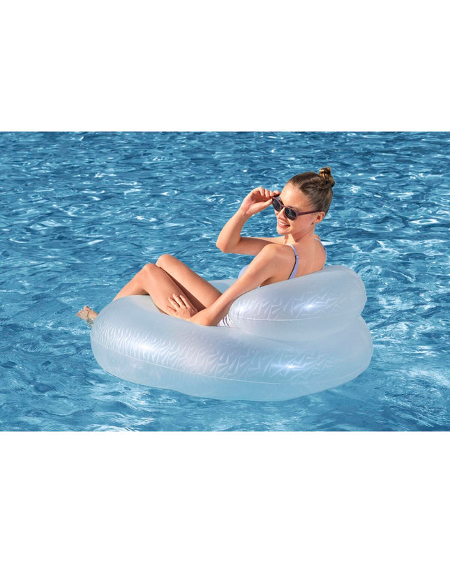 Inflatable Bestway mattress for outdoor and pool use, showcasing its colorful, durable design suitable for play and relaxation.