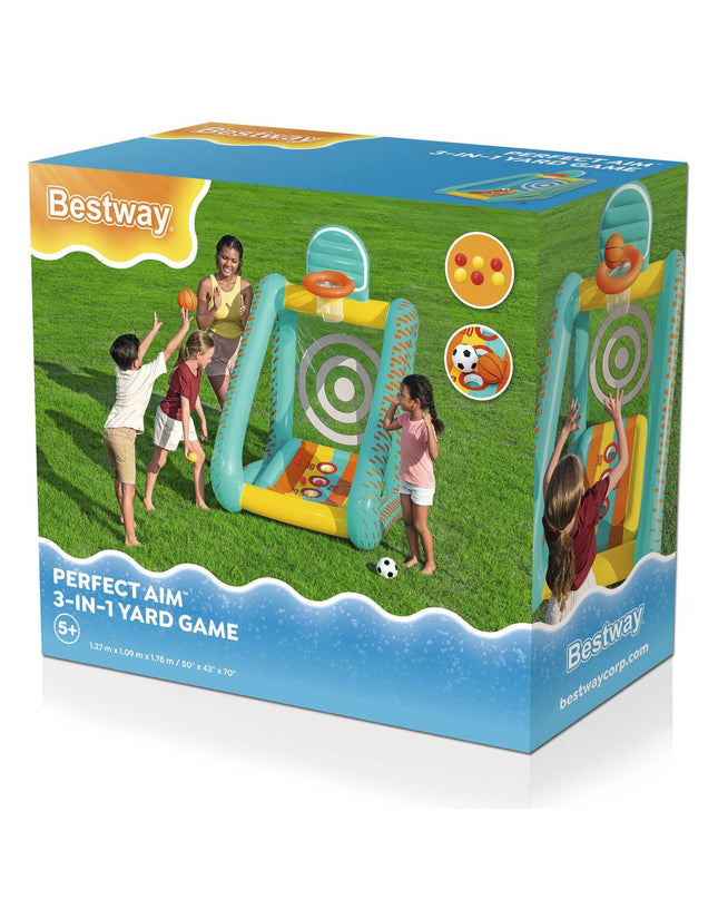 Inflatable Bestway mattress for outdoor use, featuring vibrant colors and sturdy design, suitable for camping or poolside relaxation.