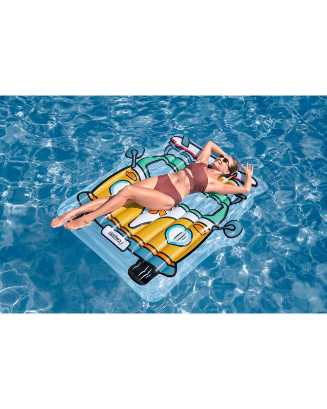 Inflatable Bestway mattress, suitable for outdoor use, featuring a colorful design and sturdy construction for comfortable lounging.